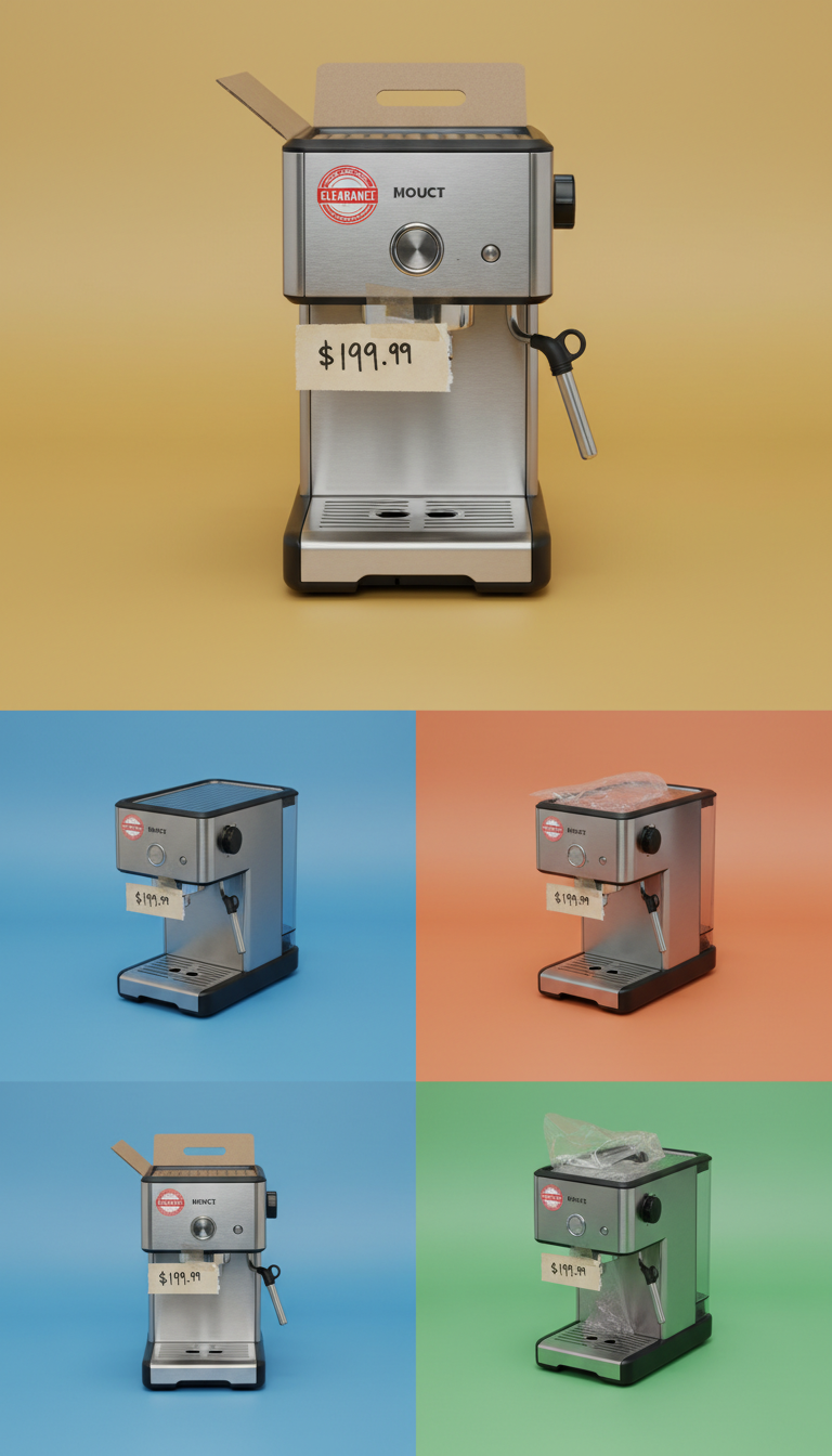 Open-box countertop espresso machine with handwritten price tag