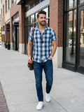 Calvin Klein Men's Blue Plaid Short Sleeve Shirt Medium Button up (pre-owned)