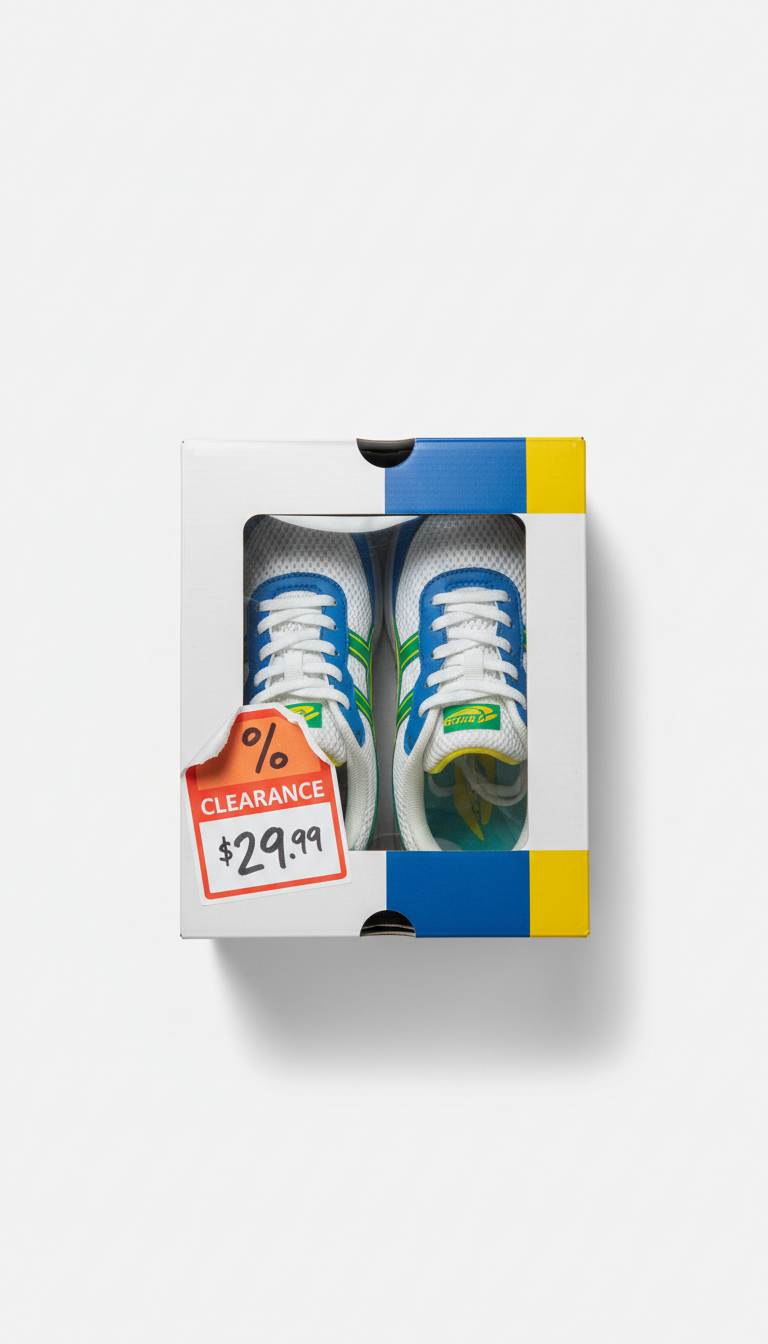 Pair of branded athletic sneakers with discount label